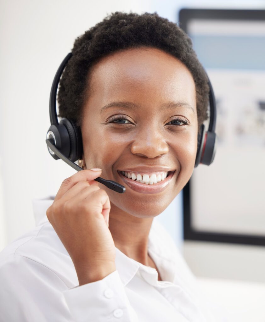 Black woman, call center and portrait smile with headset for telemarketing, customer service or sup